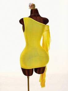 Amplova Women's Asymmetric Sleeve Rhinestone Letter Pattern Mini Dress - Yellow - View 11