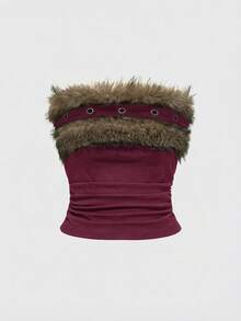 ROMWE Grunge Punk Women's Plush Patchwork Ruched Casual Versatile Tube Top - Burgundy - View 1