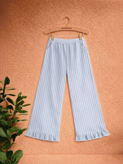 SUMWON بنطلون فضفاض بخصر مطاطي مع حافة مكسرة بتصميم مخطط باللون الأزرق الفاتح، بنطلون صيفي كاجوال بطراز بالاتزو للبنات