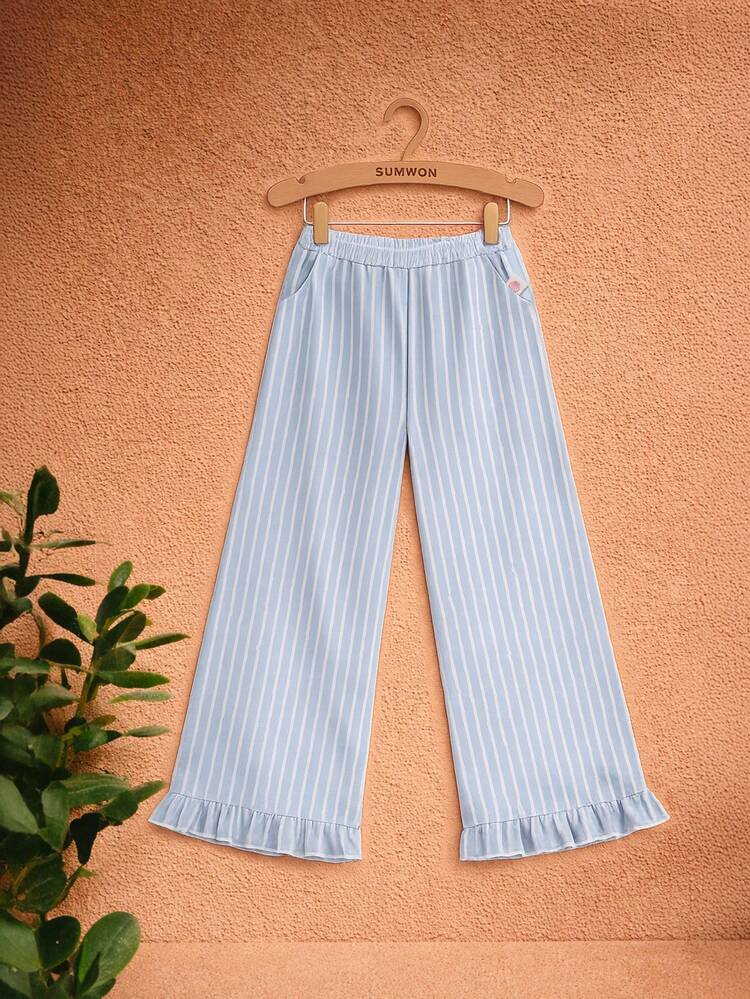 Hellblaue gestreifte Weite Bein Hose mit Rüschen Saum, elastischer Taille, Mädchen Lässig Sommer Palazzo Stil Hose