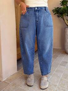 Dripcurv Quần jeans ống rộng dáng suông có túi dành cho nữ cỡ lớn - Rửa tối - Xem 4