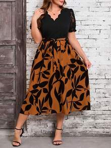 Reflora Plus Size Summer Elegant Lace Patchwork Contrast Color Floral Print Dress - Coffee Brown - View 4