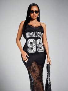 Radiana Women's Elegant Black N White Lace Satin Slip Bodycon Dress,Numeric Letter Print Basketball Jersey Sports Dress,Summmer Cow Boy Club Night Out - Black - View 4