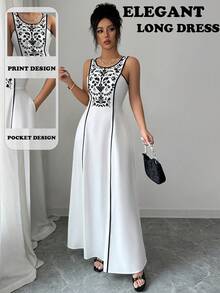 Elenzga Elegant Women's Black & White Placement Print Long Loose Casual Dress, Suitable For Beach, Daily Outing, Dating, Dining, Middle Eastern Style - White - View 1