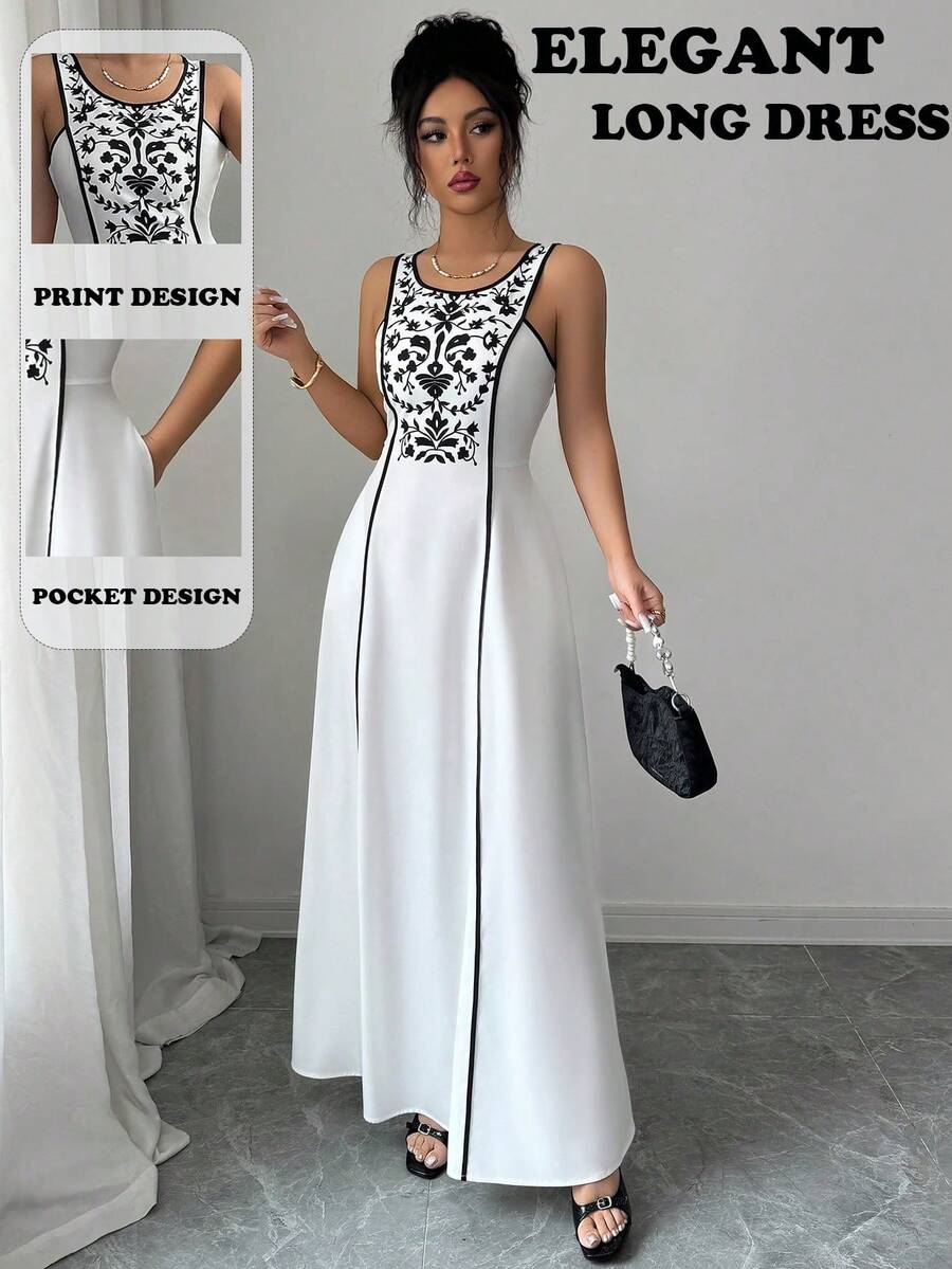 Elenzga Elegant Women's Black & White Placement Print Long Loose Casual Dress, Suitable For Beach, Daily Outing, Dating, Dining, Middle Eastern Style - White - View 1