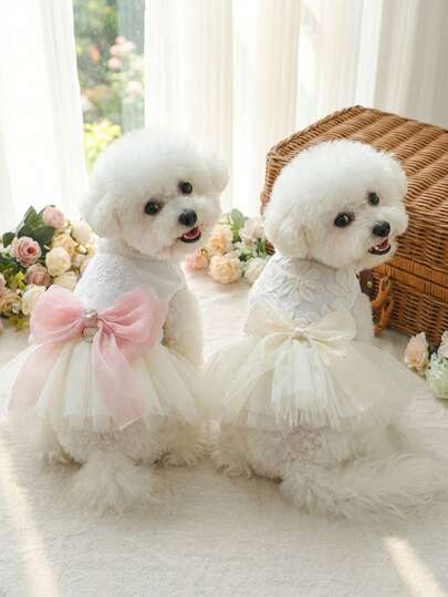 PETSIN 1件宠物连衣裙，公主风蝴蝶结装饰蓬松薄纱裙，猫狗通用服装，派对婚礼礼服