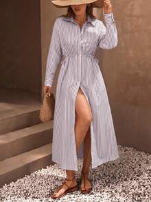 EURMUSE Casual Basic Style Effortless Linen Look Button Through And Drawstring Belt Detailed Maxi Shirt Dress Golf White Autumn - Multicolor - View 3