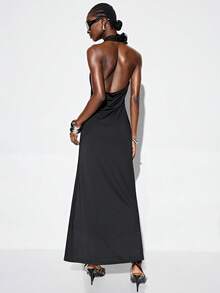 GENKIRA Minimalist Sexy Deep V-Neck Asymmetric Ruffle Trim Fitted Mermaid Dress, Black, Suitable For Party, Holiday, Music Festival, Versatile - Black - View 2