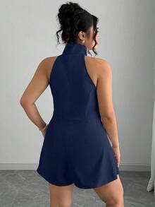 Elenzga Plus Size Women Solid Color Casual Elegant Halter Romper Cocktail Navy Blue Summer - Navy Blue - View 2
