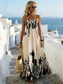 Breezaya 欧美风优雅无肩带收腰印花A字中长连衣裙，通勤时尚 - 杏色 - 查看 4