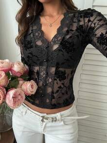 DAZY Spring & Summer Ditsy Floral Flocked Lace Blouse, Elegant For Valentine's Day, Wedding, Party, Formal Occasion, Slim Fit, Deep V-Neck, Long Sleeve, Sheer Mesh, Versatile For Work & Leisure - Black - View 8
