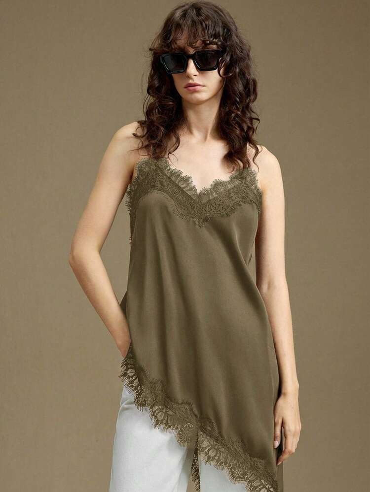 Women's Satin-Faced Crepe Fabric Comfortable Soft Spaghetti Strap Long Top, Fitted Silhouette, Lace Trim Accent, Asymmetric Hemline Design, Modern Urban Casual Business Chic Office Wear, Low-Key Elegant Vibe, High-Quality Airport Fashion, Premium Material, Sophisticated Cruise Attire, Graceful Streetwear Style All-Season Versatile Modern Urban Fashion Business Casual Women's Wear Office Attire Understated Old-Money Style, Elegant And Sophisticated, High-Quality Commuter And Airport Women's Wear