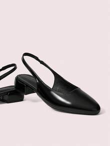 CUCCOO DOLLMOD Women's Shoes Round Toe Black Patent Leather Rear Strap Slingback Thick Heel Simple Basic Low Heel Fashion Cute Wear High Heel Shoes - Black - View 3