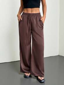 SHEIN PETITE Pantalones blancos de algodón 100% lavados, de estilo minimalista básico bohemio, para conciertos de verano, salidas y playa - Marrón - Ver 9