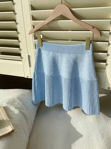 Comfortcana Falda corta de punto de unicolor con cintura elástica, casual, azul claro, primavera/verano - Celeste - Ver 3