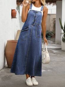 EMERY ROSE 大码女式纽扣设计休闲宽松牛仔连体裤连衣裙 - 藍色 - 查看 5