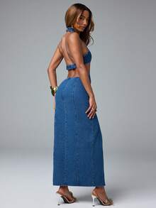 NYA SZN Đầm maxi denim hở lưng, xẻ đùi, cổ yếm - Rửa tối - Xem 2