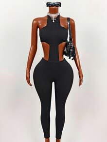 Slaydiva Women's Backless Halter Neck Fitted Denim Jumpsuit - Black - View 1