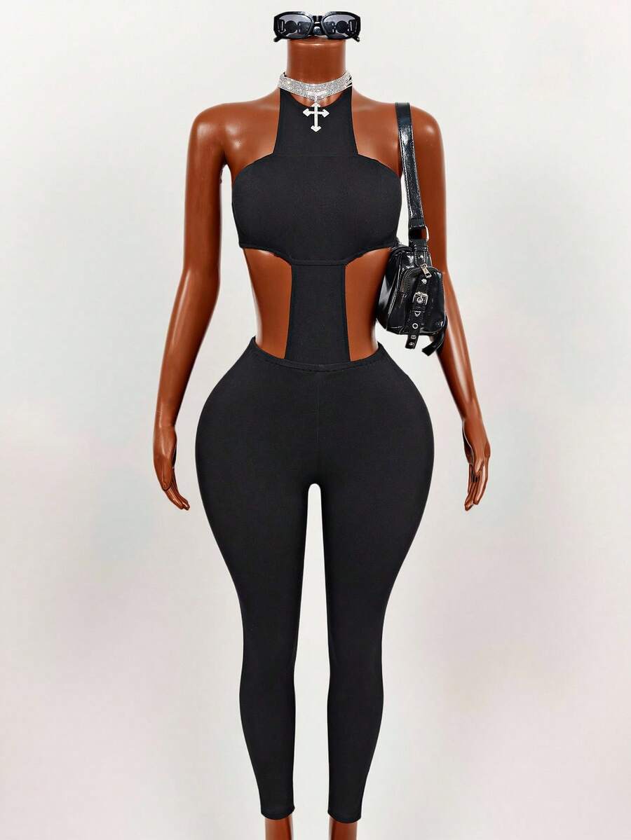Slaydiva Women's Backless Halter Neck Fitted Denim Jumpsuit - Black - View 1