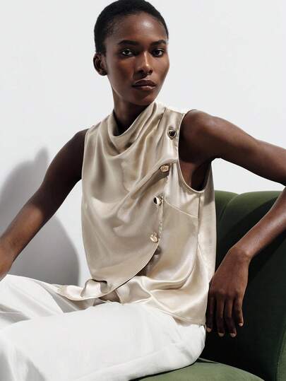 Aveloria Modichic Women's Satin Silk Blouse Regular Fit Drapey Cowl Neck Metallic Button Pleated Sleeveless Elegant Office Lady Top Elegant Women's Blouses Office Outfits For Women Summer Tops Work Wear Women