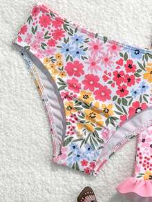 女童（小号）印花泳衣，荷叶边装饰，三件套 - 粉色 - 查看 4