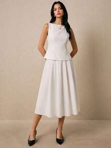 Poéselle 白色两件套，无袖上衣搭配A字中长裙，优雅夏季套装，简约时尚度假装，女士白色圆领背心和半裙休闲套装，法式两件套，2026新款，女士优雅套装，优雅高贵的正式休闲套装，女士连衣裙，女士正装，女士连衣裙，优雅经典 - 白色 - 查看 9