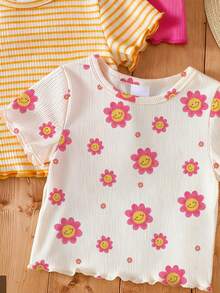 SHEIN 3件套女婴（6个月-2-3岁）甜美活力/清新少女风罗纹面料+花卉条纹印花+荷叶边短袖T恤，轻盈可爱，适合日常穿着、上学、生日派对、野餐、女婴节、春夏秋季等场合。 - 彩色 - 查看 3
