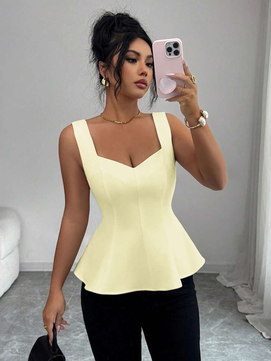 SHEIN Elenzya 女士甜心领前开衩腰部A字无袖吊带背心，优雅复古法式风格，适合通勤、商务、度假、休闲等多种场合，春夏新品上市 - 黃色 - 查看 1