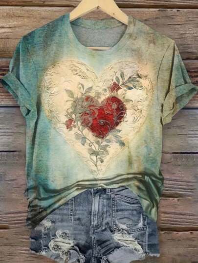 EMERY ROSE 大码波西米亚风爱心印花T恤，复古艺术做旧蓝绿色扎染图案T恤，波西米亚音乐会穿搭，母亲节礼物佳选，夏季休闲装