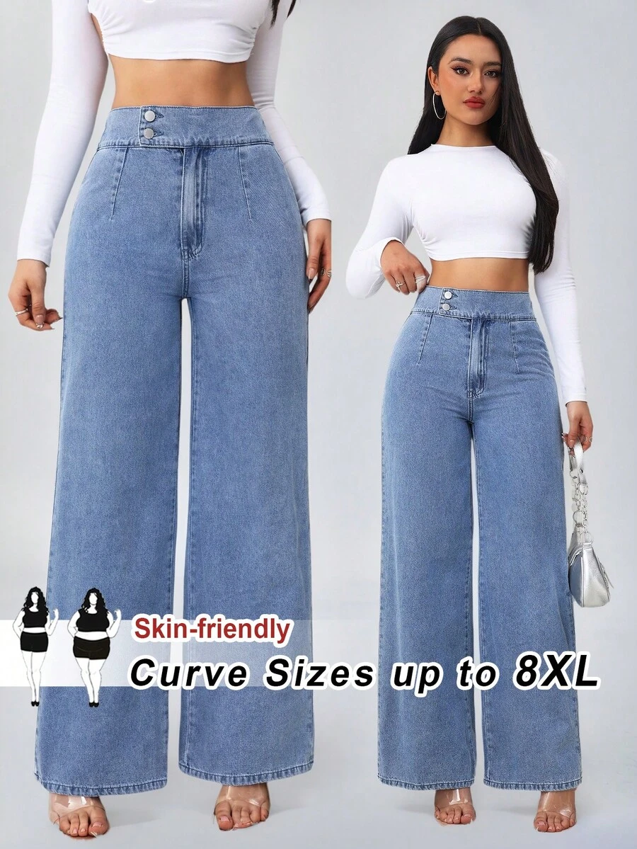 SHEIN CURVE+ 大码低腰宽松休闲夏季百搭牛仔裤,适合夏季嘉年华、通勤、度假、毕业典礼等场合,时尚又可爱,充满Y2K风格,街头风十足,适合派对、婚礼、优雅商务休闲等场合,也适合女性商务、海滩、毕业典礼、复活节等场合。大码女装蓝色牛仔阔腿裤,高腰宽松版型,休闲时尚牛仔裤,优雅休闲长裤,简约牛仔裤,复古风阔腿牛仔裤。 - 藍色 - 查看 1