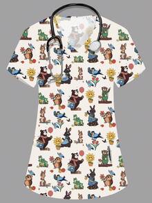 女士白色V领短袖双口袋可爱卡通图案工作服上衣，动物印花，护士医生制服，兽医美容服，营养师实验服，多口袋功能性工作服，可爱节日服装 - 白色 - 查看 1