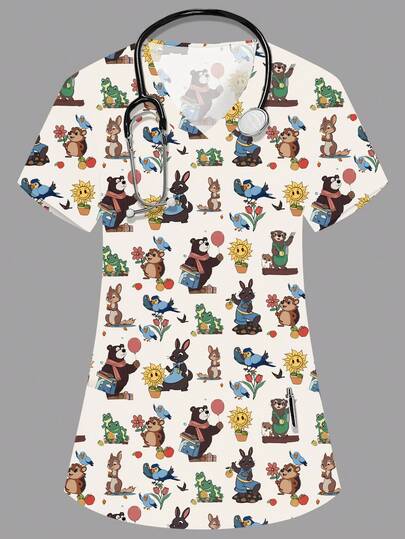 PopScrub Women's White V-Neck Short Sleeve Double Pocket Cute Cartoon Pattern Scrub Top, Animal Print, Nurse Doctor Uniform, Veterinary Grooming Outfit, Nutritionist Lab Coat, Multi-Pocket Functional Work Wear, Cute Holiday Attire