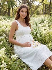 Boho Mama 女款白色夏季優雅孕婦洋裝，紋理波希米亞修身中長洋裝，適合拍照、寶寶派對、度假鄉村風 - 白色 - 查看 3