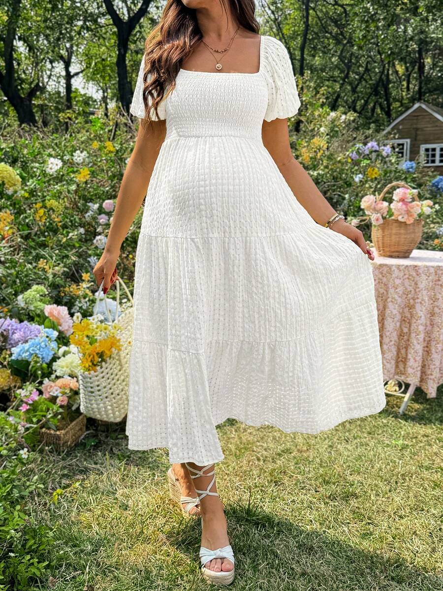 Lyckli Maternity Solid Color Raglan Sleeve Casual Midi Dress - White - View 1