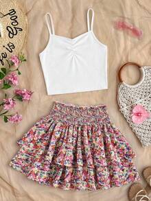 SHEIN 2pcs Set Tween Girl Fitted Casual & Comfortable Ditsy Floral Ruffle Hem Camisole & Skirt - White - View 3