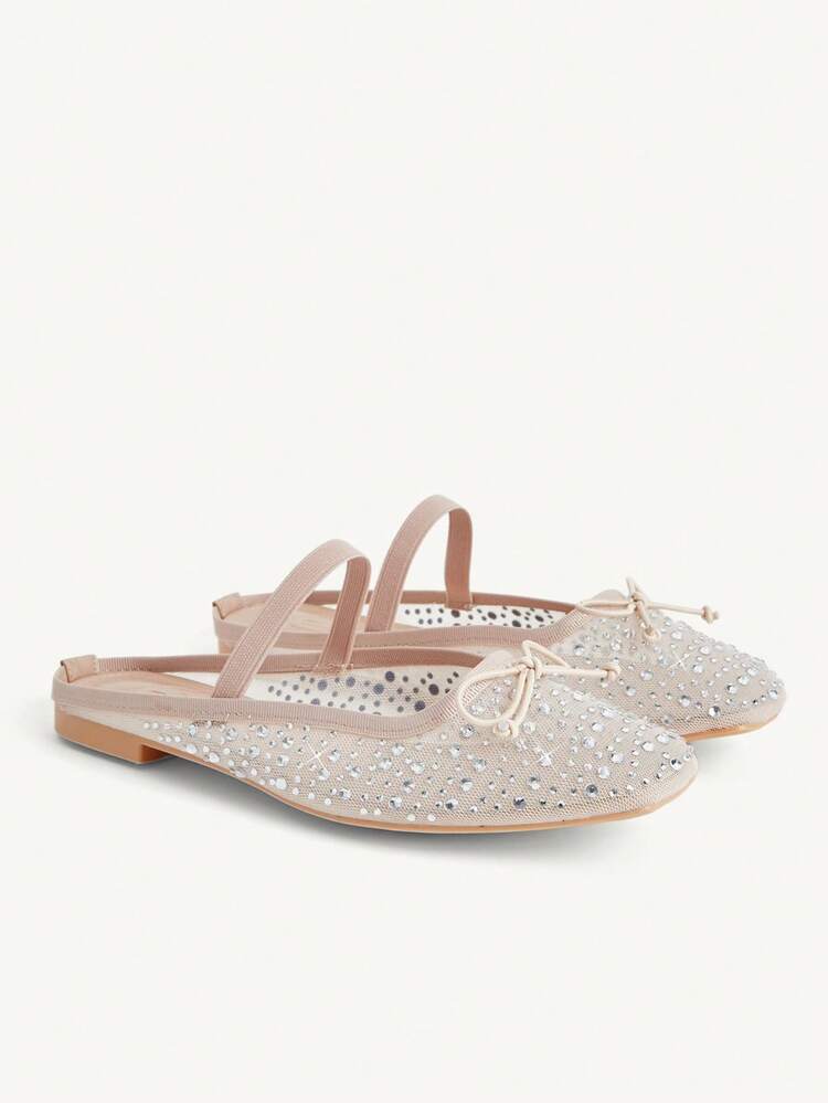 CUCCOO CHICEST Women Shoes Fashion Apricot Full Diamond Mesh Bow Mary Jane Flat Mule Shoes Elegant When Comfortable Cute Sweet Women Flat Shoes