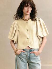 Arave Blusa de mujer de verano con cuello redondo, manga de farol y diseño texturizado, con hilos dorados brillantes trenzados - Albaricoque - Ver 4