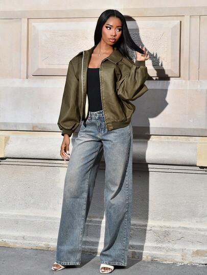 Mima John Vintage Distressed Military Green PU Leather Jacket, Autumn New Vintage Washed Snow