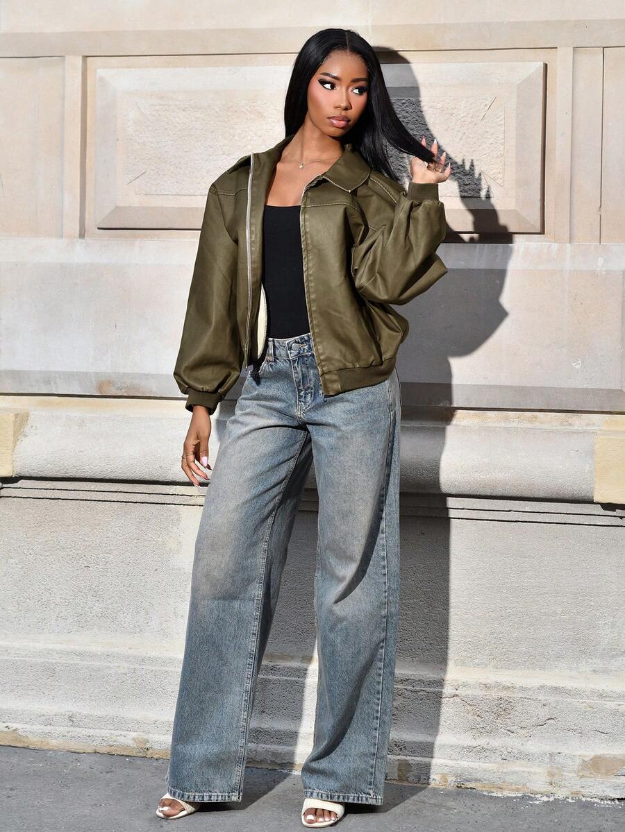 Mima John Veste en PU verte militaire vintage et patinée, nouvelle arrivée pour l'automne - Militaire verte - Voir 1