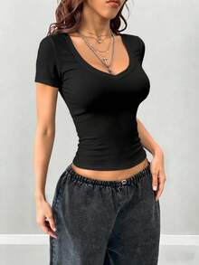 Women's Fitted V-Neck Short Sleeve T-Shirt, Black - Black - View 3
