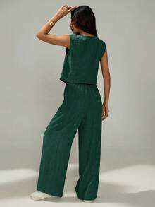 SHEIN PETITE Conjunto casual de 2 piezas para mujer con chaleco de un solo botonadura de unicolor y pantalones de pierna ancha - Verde Oscuro - Ver 2