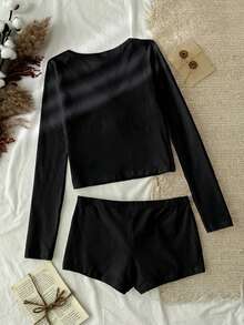SHEIN EZwear 女士休闲长袖上衣和短裤两件套，95%纯棉，黑色 - 黑色 - 查看 2