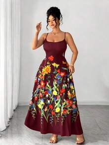 Elenzga Women's Plus Size Burgundy Summer Boho Vacation Holiday Elegant Ditsy Floral Sleeveless Midi Cami Dress,Mexican Beach Sundress Birthday Evening Gown - Burgundy - View 4