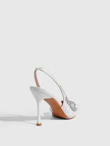 CUCCOO SZL Women's White New Pointed Toe Slingback Fashionable Glamorous Rhinestone Sexy Party Nightclub High Heel Pumps - White - View 3