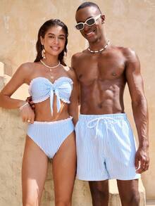 Manfinity VDAYZ Men's Drawstring Waist Striped Casual Beach Shorts Men And Women Matching Swimwear Matching Bathing Suits For Men And Women His And Hers Swimwear Couple Bathing Suit Set Beach Outfit For Men And Women Couple - Blue - View 4