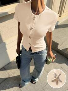 Muchica Áo thun dệt kim cổ tròn tay ngắn màu mơ dành cho nữ, kiểu dáng thường ngày, ôm sát. - Màu be - Xem 5