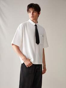 AXEPEAK Camisa Casual Tecida Masculina com Gravata, Camisa Branca de Trabalho com Botões, Manga Curta Folgada e Gola Simples, Presente para Namorado, Itens para Casais - Branco - Visão 7
