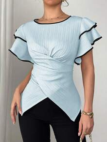 SHEIN Unity Women's Double-Layer Ruffle Sleeve Tie-Waist Shirt - Baby Blue - View 6