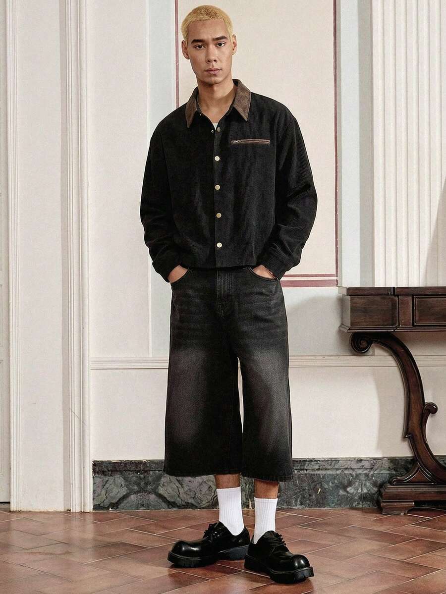 SWAVVY Men's Contrast Color Lapel Long Sleeve Single-Breasted Casual Shacket - Black - View 1
