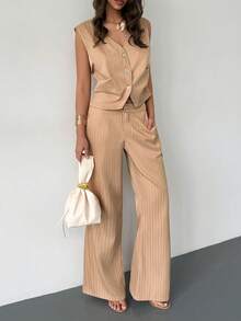 RiviMae Islalun 女士条纹西装背心，腰部收紧，无袖喇叭裤套装 - 杏色 - 查看 1